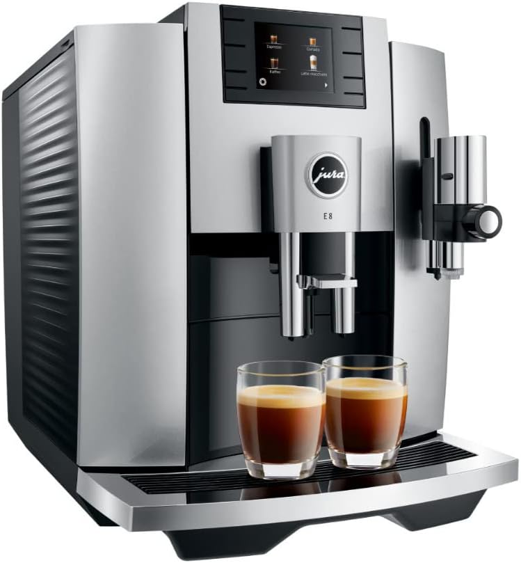 Jura E8 Automatic Espresso Machine Bundle with Smart Filter Cartridge, 3-Phase 6 Cleaning Tablets, Glass Milk Container, and Decalcifying Tablets (9-Pack) (13 Items)