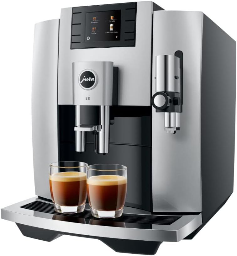 Jura E8 Automatic Espresso Machine Bundle with Smart Filter Cartridge, 3-Phase 6 Cleaning Tablets, Glass Milk Container, and Decalcifying Tablets (9-Pack) (13 Items)