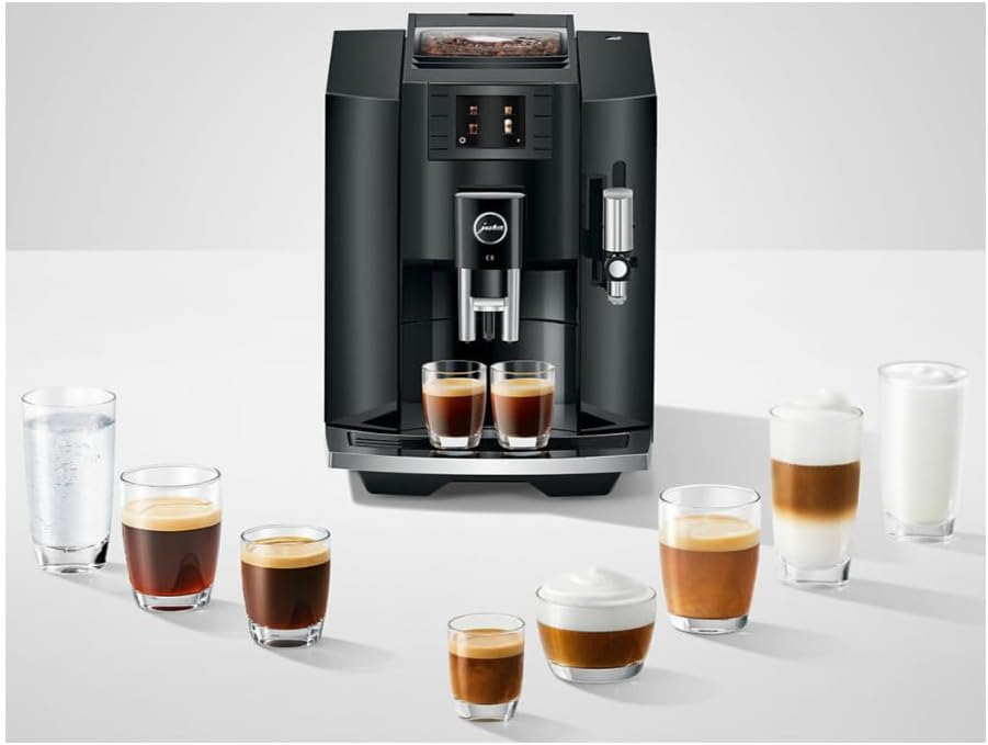 Jura E8 5th Gen Automatic Coffee Machine (Piano Black) Stainless Steel Espresso Machine, Powerful Blending Features Bundle with Glass Milk Container (2 Items)