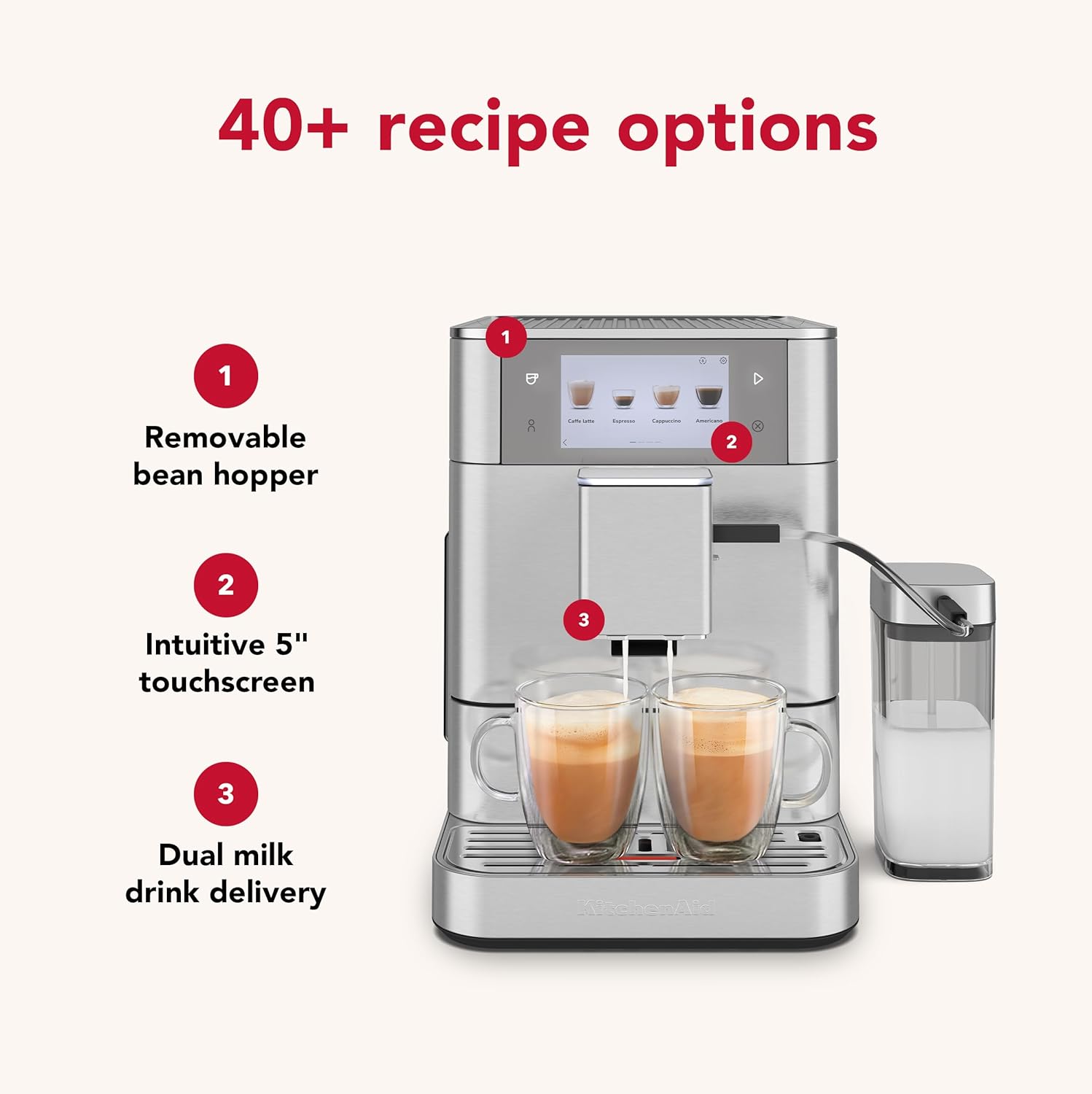 KitchenAid Fully Automatic Espresso Machine KF8 with Milk Attachment and Plant Based Milk Options, KES8558SX, Stainless Steel