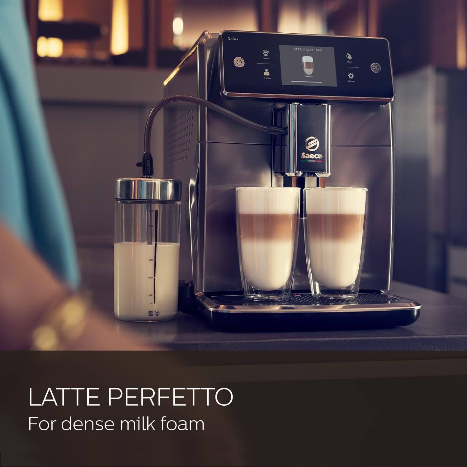 Philips Saeco Xelsis Super Automatic Espresso Machine - LatteDuo Milk System, 15 Coffee Varieties, 6 User Profiles, Touchscreen, Black & Titanium, (SM7684/04)