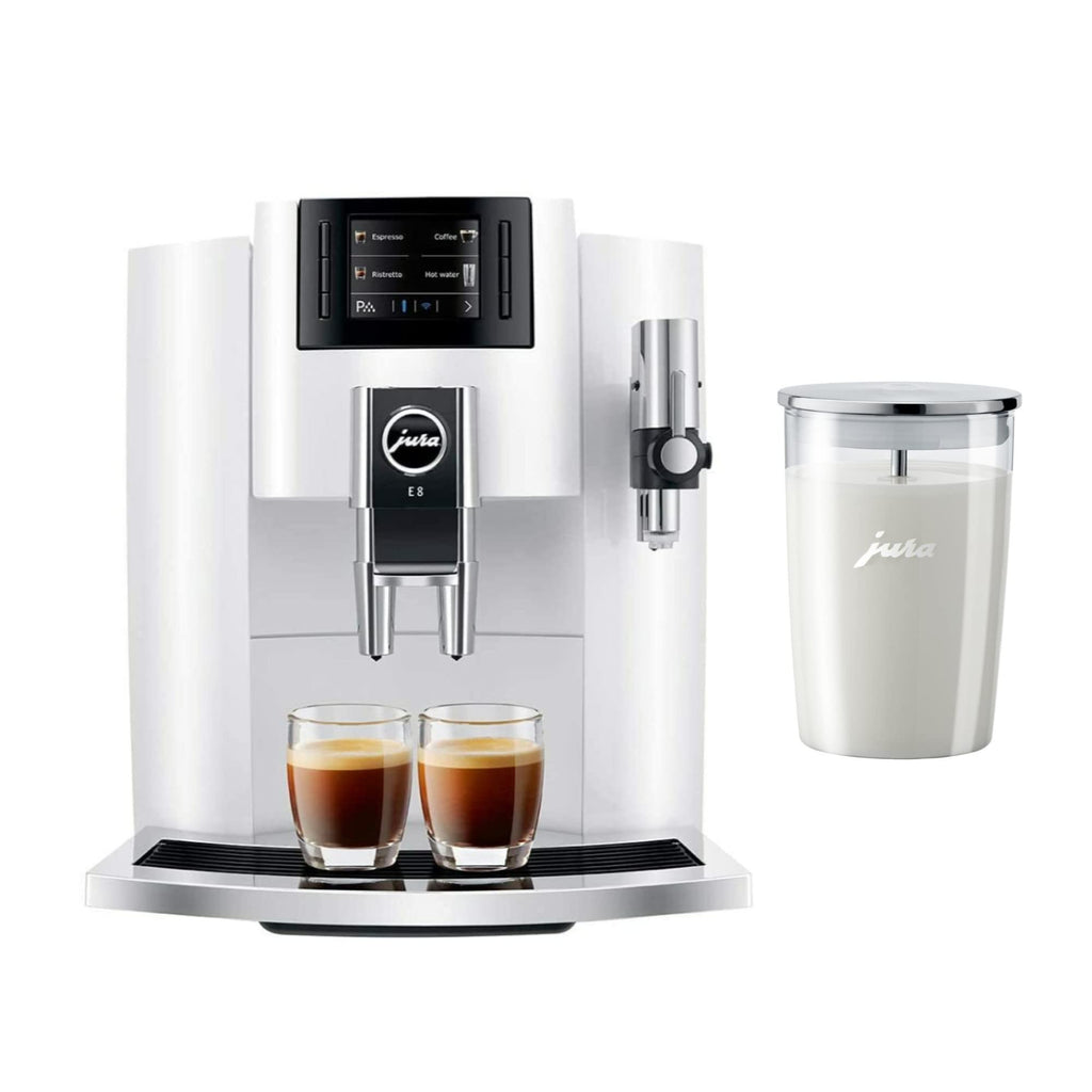 Jura E8 5th Gen Automatic Coffee Machine (Piano Black) Stainless Steel Espresso Machine, Powerful Blending Features Bundle with Glass Milk Container (2 Items)