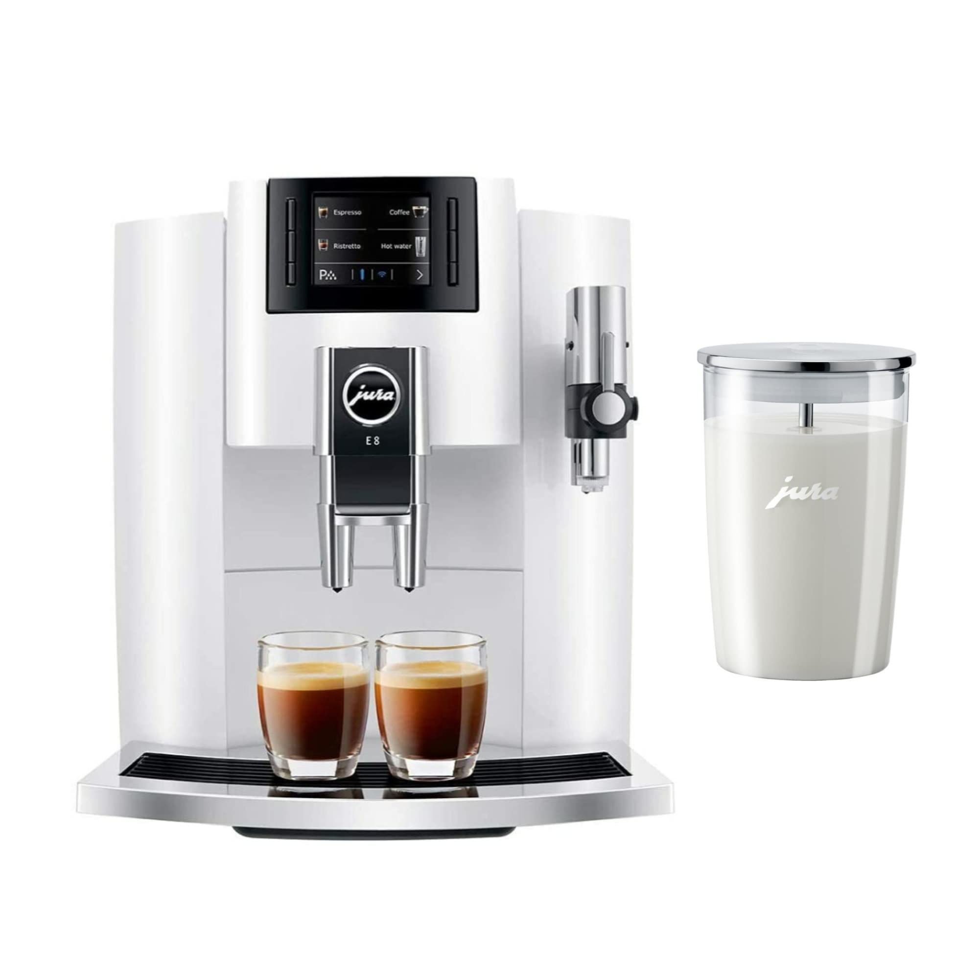 Jura E8 5th Gen Automatic Coffee Machine (Piano Black) Stainless Steel Espresso Machine, Powerful Blending Features Bundle with Glass Milk Container (2 Items)