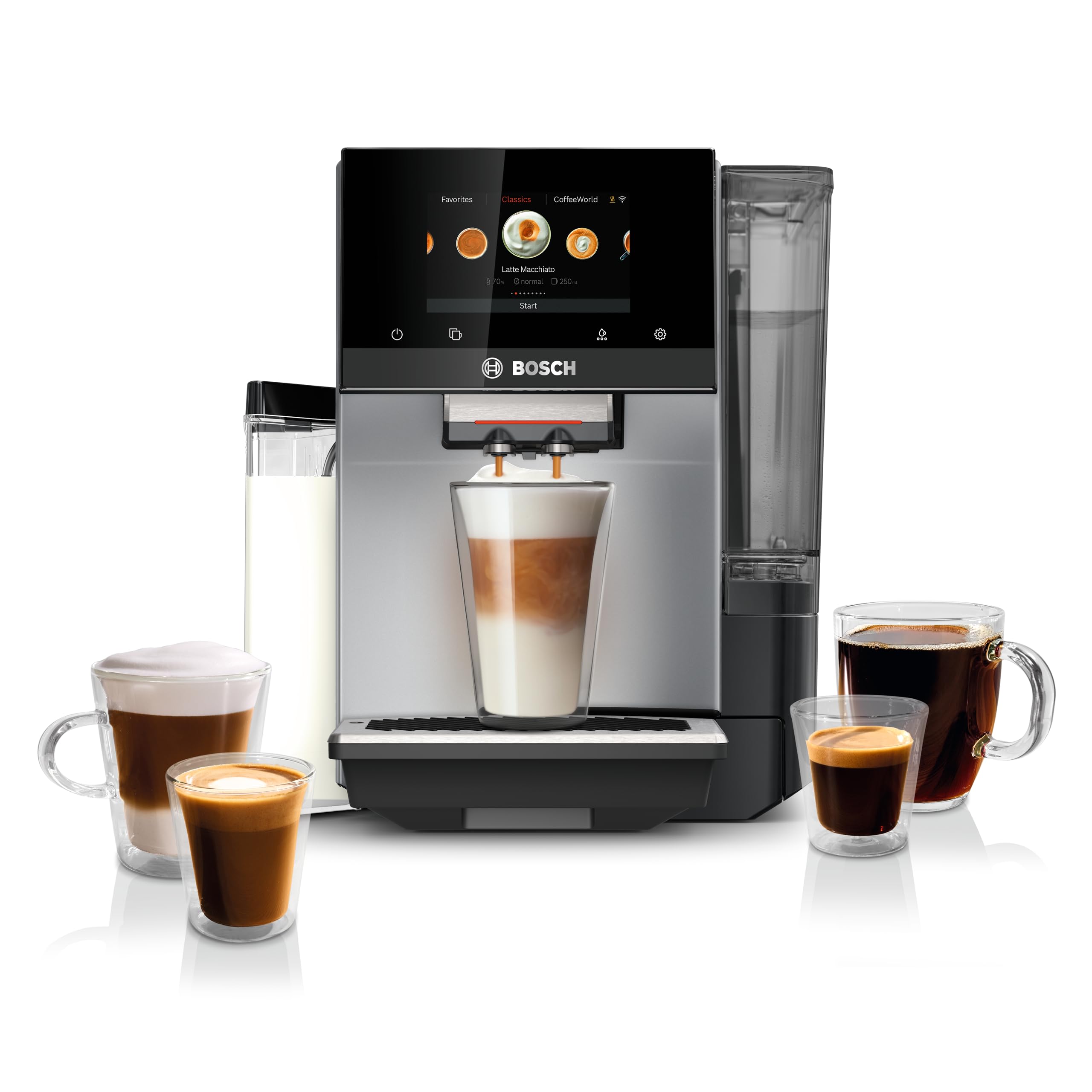 Bosch 800 Series Fully Automatic Espresso and Coffee Machine – 36 Drinks with Coffee World, Cold Brew, Double Cup, Integrated Milk Container, Smart Features, in Stainless Steel TQU60703