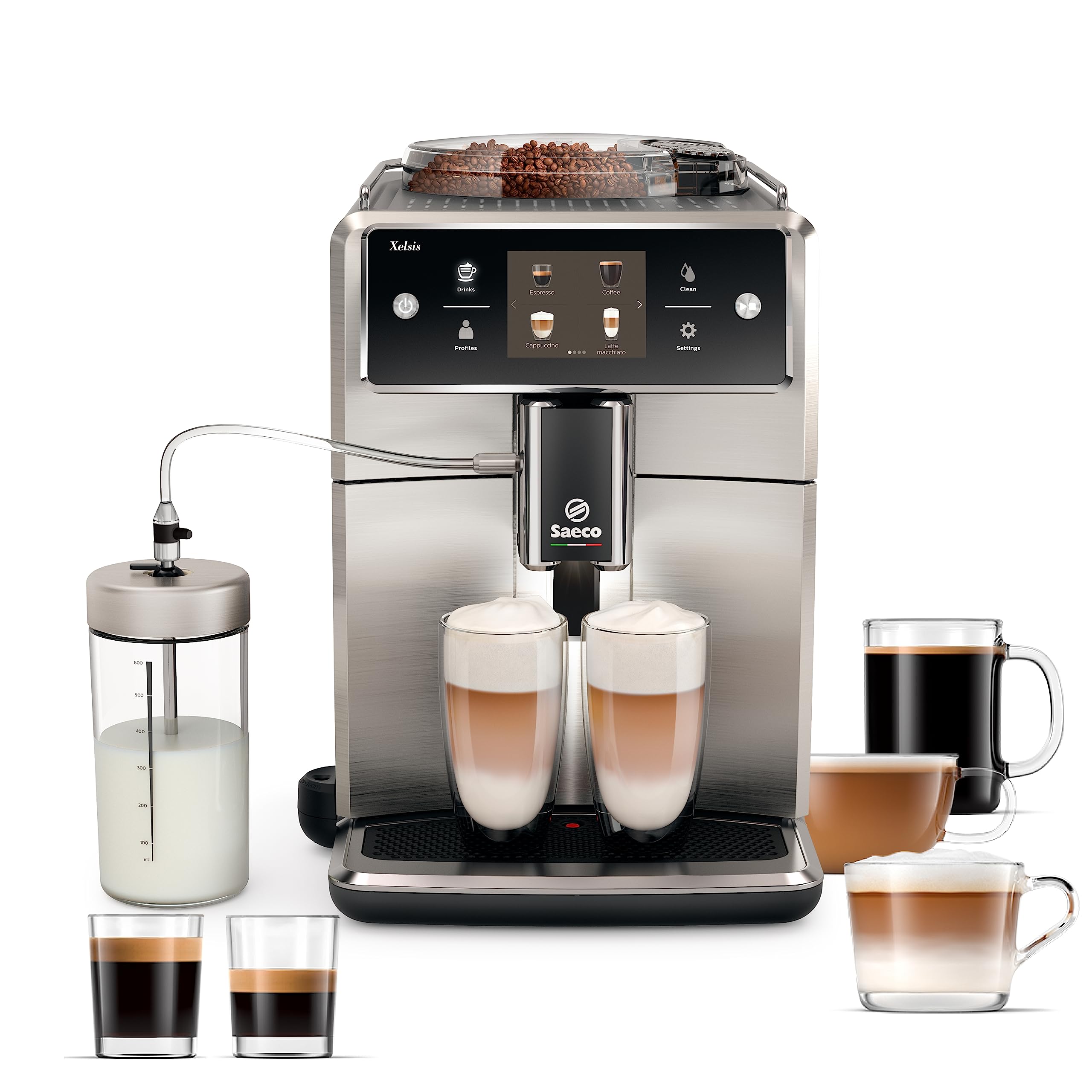 Philips Saeco Xelsis Super Automatic Espresso Machine - LatteDuo Milk System, 15 Coffee Varieties, 6 User Profiles, Touchscreen, Black & Titanium, (SM7684/04)